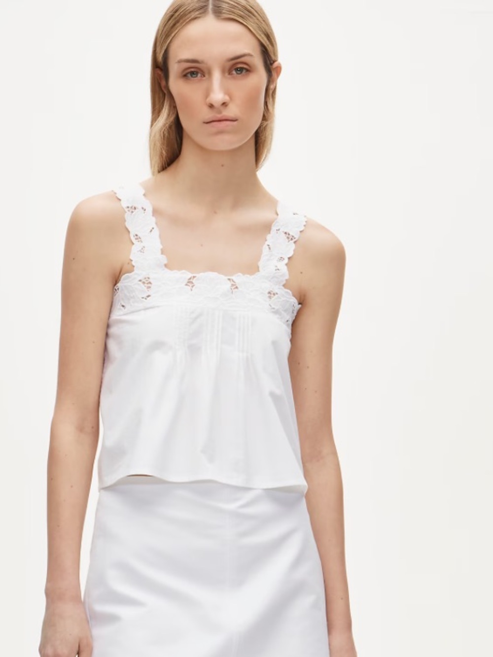 J crew white Lace-trim tank top in compact poplin